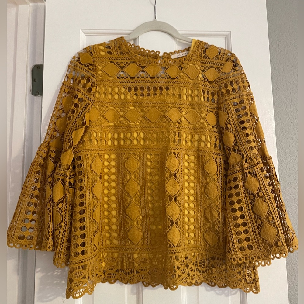 EUC Bell Sleeve Lace/Crochet Cut Out Top in Gold - Picture 2 of 8